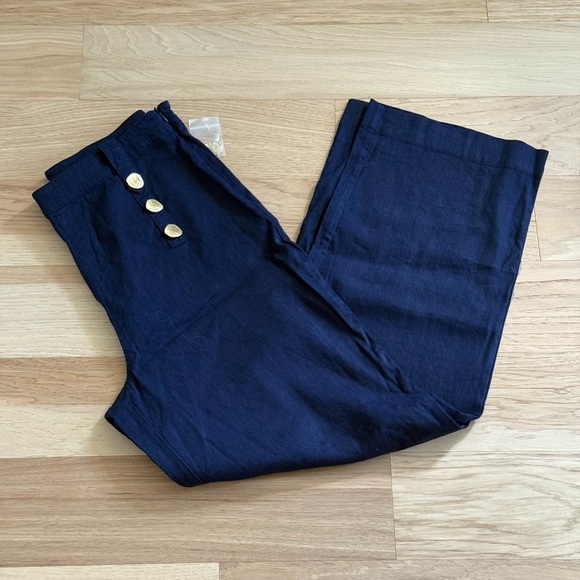 H By Halston Pants Womens 6 Blue Linen Blend Gold Shells Wide Leg Nautical - Picture 1 of 9